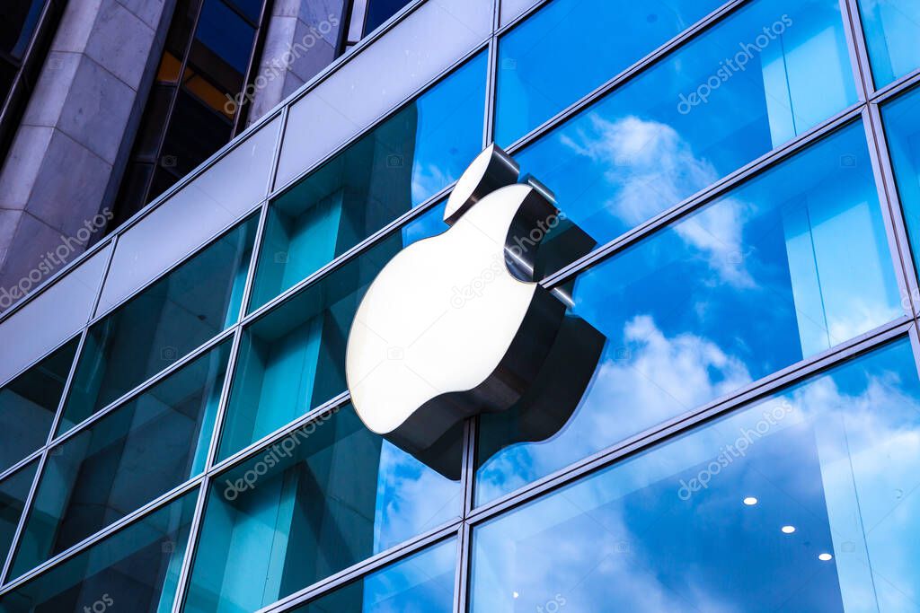 NEW YORK CITY, USA - MARCH 15, 2020: Apple store logo at Apple Fifth Avenue in New York City, NY, USA