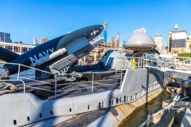 NEW YORK CITY, ABD - 29 Mart 2020: Denizaltı USS Growler New York City Intrepid Sea, Air Space Museum Complex, New York, ABD