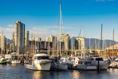 VANCOUVER, Kanada - 2 Nisan 2020: Vancouver, Kanada 'da güneşli bir günde sahte dere manzarası