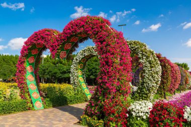 DUBAI, BİRLİK ARAB EMIRATES - 29 Mart 2020: Güneşli bir günde Dubai Mucize Bahçesi, Birleşik Arap Emirlikleri