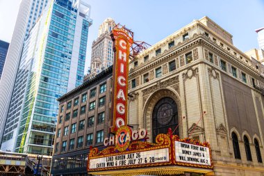 Chicago, ABD - 29 Mart 2020 Şikago Tiyatrosu tabelası, ABD