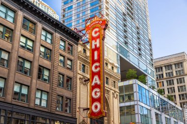 Chicago, ABD - 29 Mart 2020 Şikago Tiyatrosu tabelası, ABD