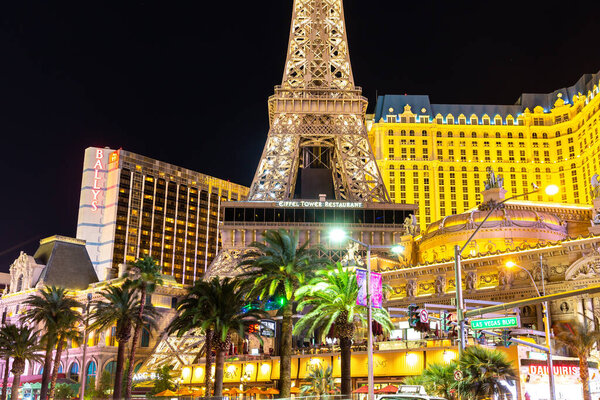 LAS VEGAS, USA - MARCH 29, 2020: Paris Las Vegas hotel and casino at night in Las Vegas, Nevada, USA