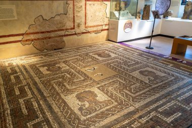 YORK, İngiltere - 19 SEPTEMBER 2025: Eski Roma mozaik tabanı York, İngiltere 'deki Yorkshire Müzesi' nde sergilenen antik Eboracum portreleri ve desenleriyle