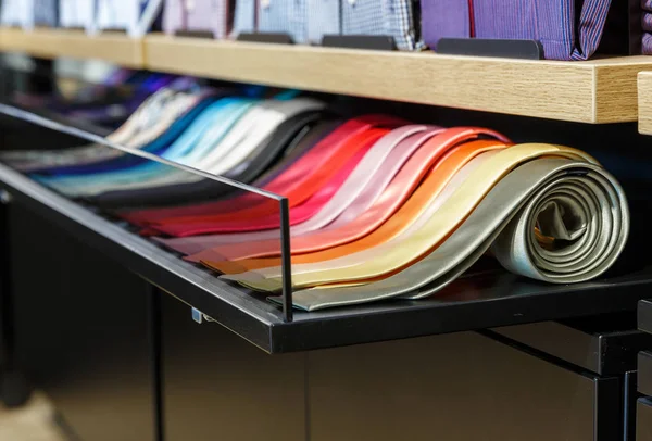 Set Different Color Skinny Neckties Shelf Men Clothing Store — Stock Photo, Image