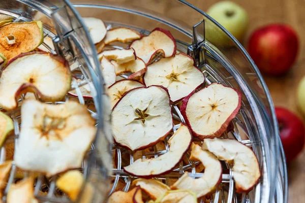 Patatine Mele Fresche Essiccate Preparate Essiccatore Frutta Verdura Casa Concetto — Foto Stock