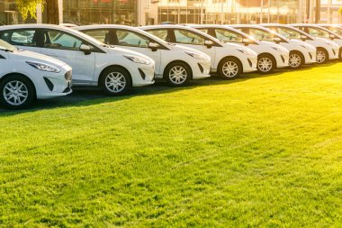 Satır stok araba galerisinde yepyeni beyaz otomobillerin. Satılık satılmamış arabalar.