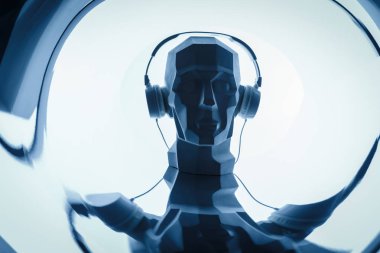 Bir siber dijital başkanı bir kulaklık olarak bir dj silüeti. Cyber dijital Audiophilia ses ve müzik konsepti 
