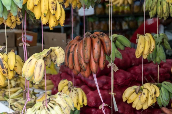 Diferentes tipos de plátanos vendidos en un mercado — Foto de Stock