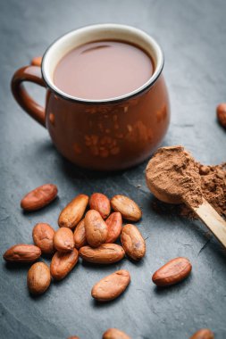 Kakao çekirdek ve toz ile taze kakao içecek Kahverengi fincan