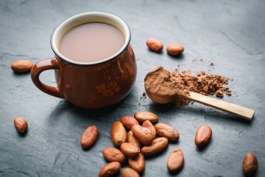 Kakao çekirdek ve toz ile taze kakao içecek Kahverengi fincan
