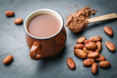 Kakao çekirdek ve toz ile taze kakao içecek Kahverengi fincan