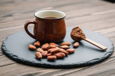 Kakao çekirdek ve toz ile taze kakao içecek Kahverengi fincan