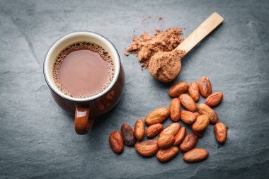 Kakao çekirdek ve toz ile taze kakao içecek Kahverengi fincan