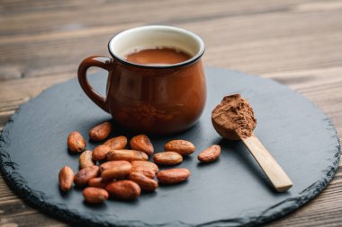 Kakao çekirdek ve toz ile taze kakao içecek Kahverengi fincan