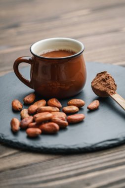 Kakao çekirdek ve toz ile taze kakao içecek Kahverengi fincan