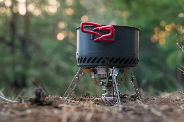 Foldable camping gas fire system  with a pot with radiator for f