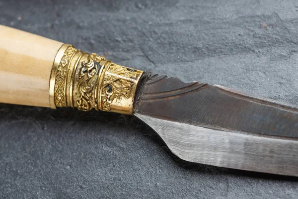 Detaljer Traditionell Handgjord Balinesisk Kniv Belakas Skjuten Skiffer Bakgrund Bali — Stockfoto