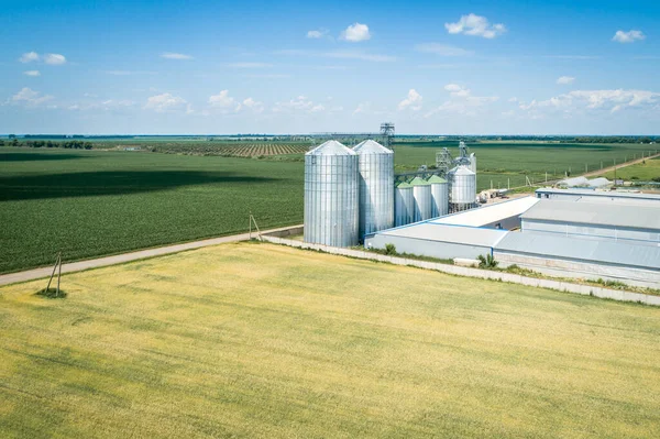 绿色麦田里的现代谷物电梯的空中景观 农作物储存概念 — 图库照片
