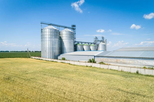 Вид Воздуха Современный Зерновой Элеватор Зеленом Пшеничном Поле Концепция Хранения — стоковое фото