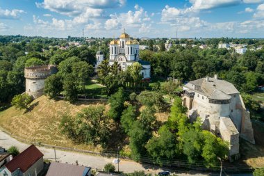 Aerial view of Ostroh Castle in Ostroh town, Rivne region, Ukraine. Travel destination and castles in Ukraine clipart