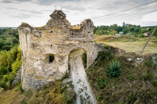 Aerial view of Sydoriv castle ruins in a rural countryside on Sydoriv village, Ternopil region, Ukraine. Travel destination and castles in Ukraine