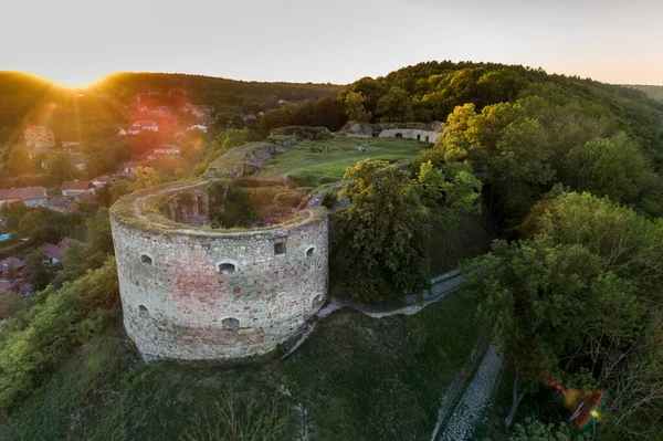 Vista Aerea Sul Tramonto Estivo Del Castello Terebovlia Una Collina — Foto Stock