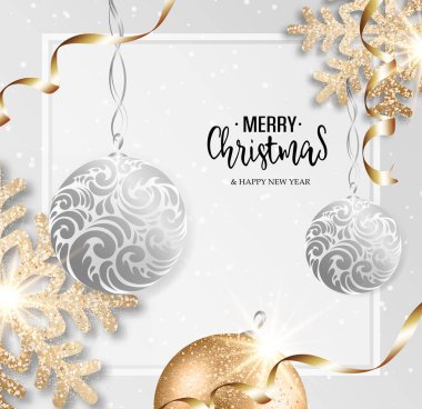 Soyut vektör gümüş kar taneleri ve olay topları ile Noel tebrik kartı