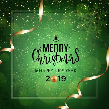 Noel vektör arka planı yeşil Festival tebrik kartı metin ve altın şeritler