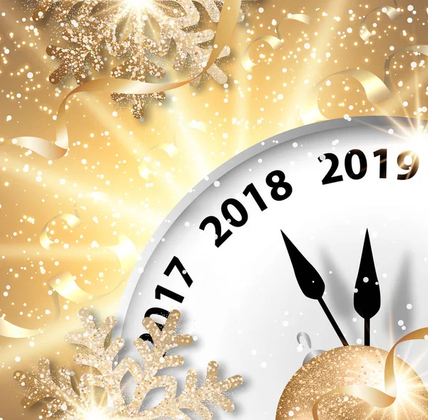抽象向量假日2019新年贺卡与时钟 丝带和明亮的星星 — 图库矢量图片