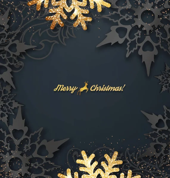 Abstract Vector Christmas Greeting Card Golden Snowflakes — Stock Vector