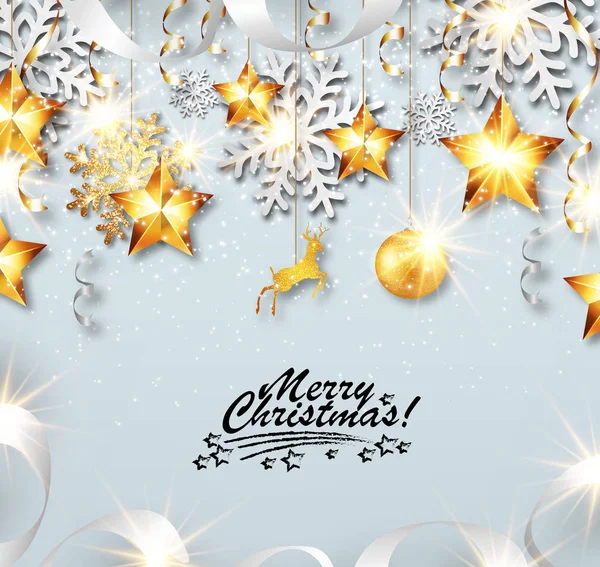 Abstrakte Weihnachtsgrußkarte Mit Silbernen Und Goldenen Schneeflocken Eventball Sternen Und — Stockvektor