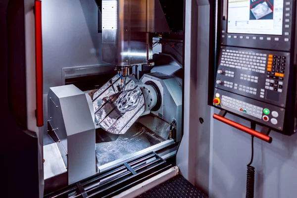 Metallverarbeitende Cnc Fräsmaschine Schneiden Von Metall Moderne Verarbeitungstechnologie Geringe Schärfentiefe — Stockfoto