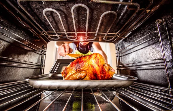 家庭主妇准备烤鸡在烤箱里 查看从烤箱里面 在烤箱里做饭 感恩节这一天 — 图库照片
