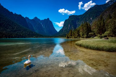 Dolomitlerdeki Dobbiaco Gölü, Güzel Doğa İtalya Doğal Alpler.
