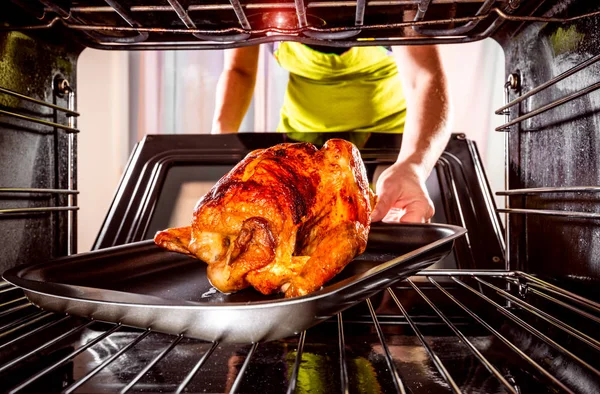 家庭主妇准备烤鸡在烤箱里 查看从烤箱里面 在烤箱里做饭 感恩节这一天 — 图库照片