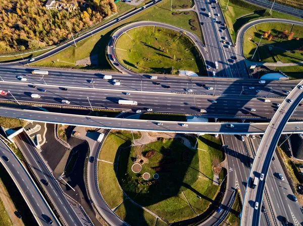 Aerial View Freeway Intersection Traffic Trails Moscow — Stock Photo, Image