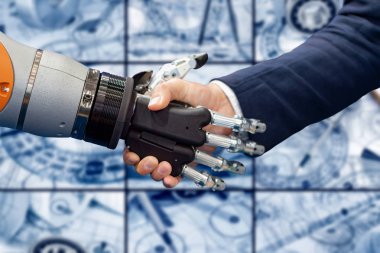 Android bir robotla el sıkışan bir iş adamının eli. Yapay zekayla insan etkileşimi kavramı.