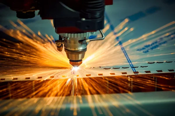 Cnc Laser Skärning Metall Modern Industriteknik Ett Litet Skärpedjup Varning — Stockfoto