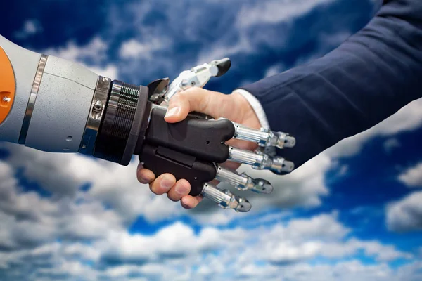 Hand Businessman Shaking Hands Android Robot Concept Human Interaction Artificial — Stock Photo, Image