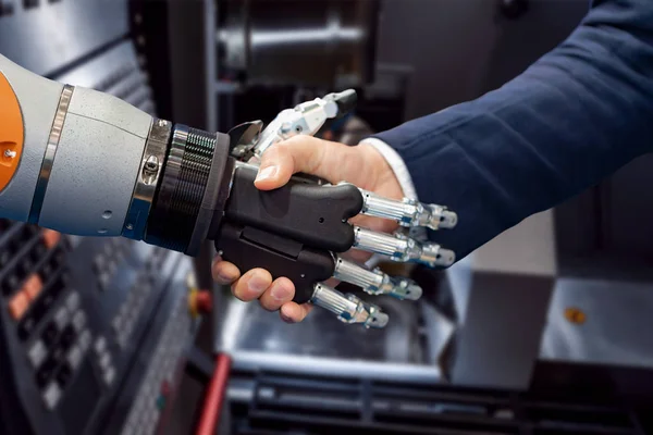 Hand Businessman Shaking Hands Android Robot Concept Human Interaction Artificial — Stock Photo, Image