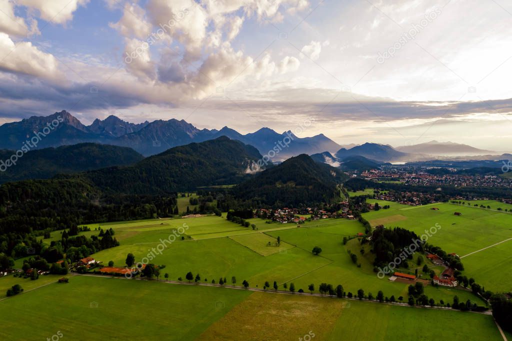 Panorama from the air sunset Forggensee and Schwangau, Germany, 