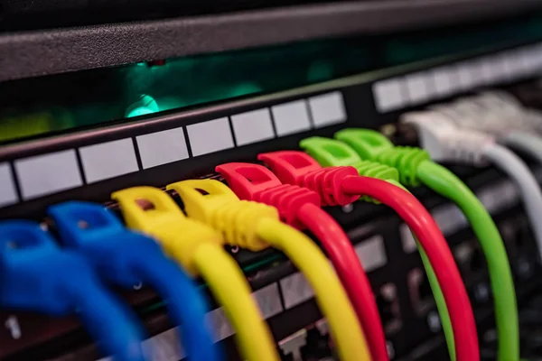 Barevné telekomunikační barevné Ethernet kabely připojené k — Stock fotografie