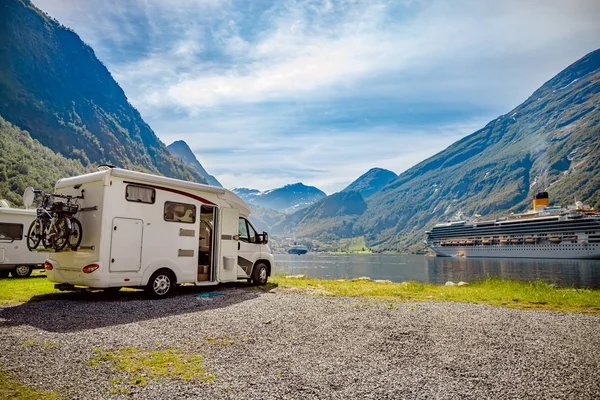 Geiranger fjord, Norway. Family vacation travel RV, holiday trip Royalty Free Stock Photos
