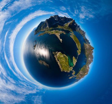 Mini planet Lofoten is an archipelago in the county of Nordland, clipart