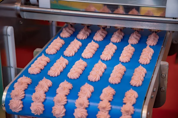 Cakes on automatic conveyor belt , process of baking in confecti — 图库照片