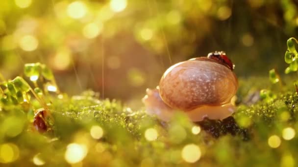 Vida silvestre de cerca de un caracol y una mariquita bajo fuertes lluvias a la luz del sol al atardecer. — Vídeos de Stock