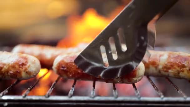 Nydelige, saftige pølser, kokt på grillen med ild – stockvideo