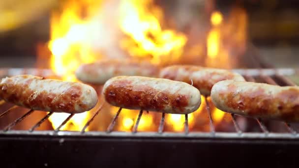 Nydelige, saftige pølser, kokt på grillen med ild – stockvideo