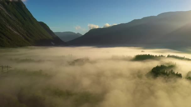 Morgennebel über dem Tal zwischen den Bergen im Sonnenlicht. Nebel und die schöne Natur Norwegens aus der Luft. — Stockvideo